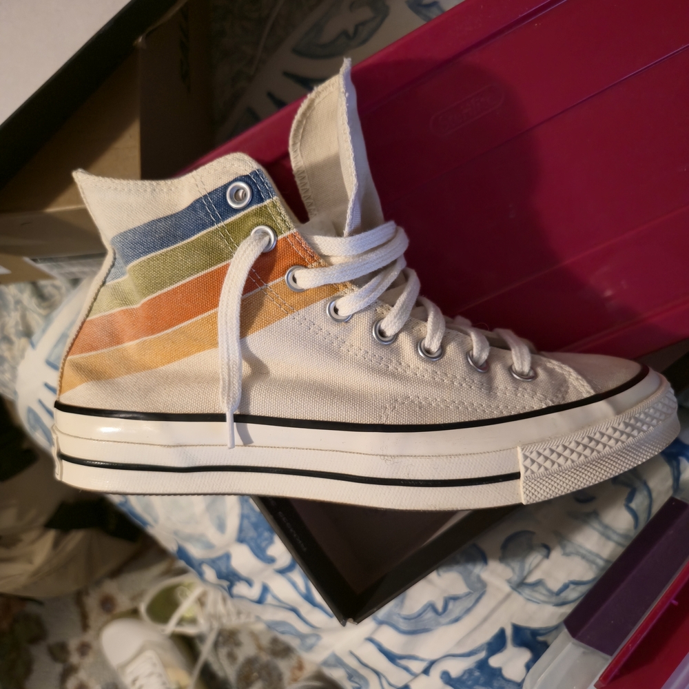 NEW Converse High Top Sneakers White with Blue, Green, Orange and Yellow Stripes